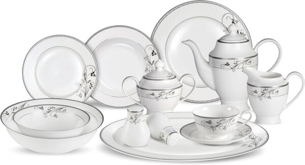 Lorenzo 57 Piece Elegant Bone China Service for 8 Viola Dinnerware Sets, Silver