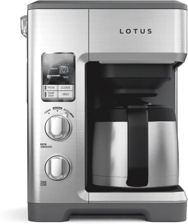 Lotus Coffee Maker with Grounds Scale, Programmable 10-Cup Coffee Maker, The Top Drip, 1500 Watts, Stainless Steel, Professional Series, LTSCM500