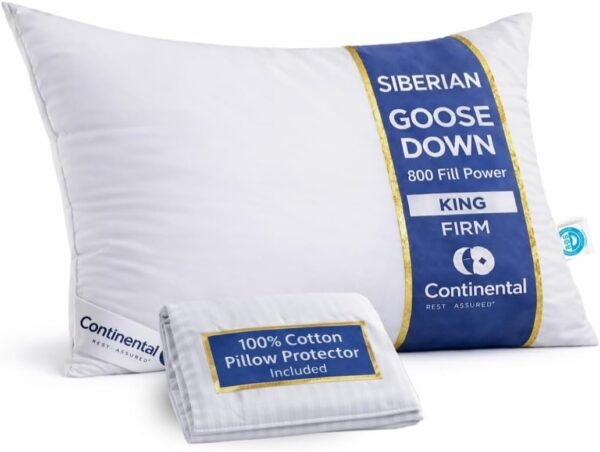 Continental Bedding Siberian Goose Down Pillow 800 Fill Power White Goose Down 400 Thread Count 100% Cotton Shell Soft Medium Firm Loft Options Handcrafted in USA