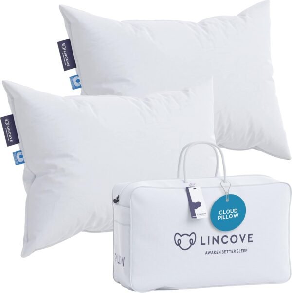 Lincove Cloud Natural Canadian Down Pillow, White Luxury Sleeping Pillow - 625 Fill Power, 500 Thread Count Cotton Shell, Made in Canada, King - Firm, 2 Pack